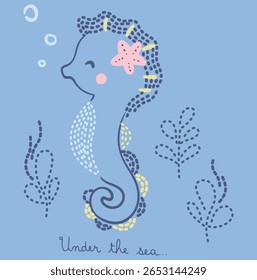 Bonito cavalo marinho, concha e estrela-do-mar debaixo d'água. Ilustração vetorial do personagem da vida marinha, gráfico bonito para meninas na base de fundo azul.