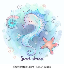 Cute seahorse sleeping sweetly. Sea world. Vector.