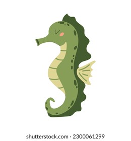 Cute seahorse. Vector illustration of a green seahorse. Sea animal. Children's illustration in cartoon style. Underwater life. White isolated background.