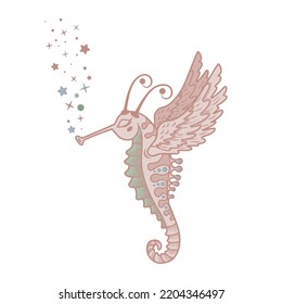 Cute seahorse with wings and horns. Fairy fairy animal. Mystical character mascot. Vector illustration for children's posters and clothes.