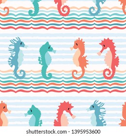 Cute seahorses cartoon illustration pattern. Hand drawn ocean animals seamless vector background. Nautical beach wear, under the sea kids fashion prints. Sealife fun underwater aquarium allover print.