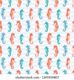 Cute seahorses cartoon illustration pattern. Hand drawn ocean animals seamless vector background. Nautical beach wear, under the sea kids fashion prints. Sealife fun underwater aquarium allover print.