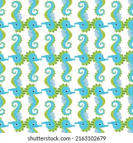 Cute seahorses cartoon seamless pattern. Hand drawn ocean animals. Nautical beach, Sea life fun underwater aquarium print.