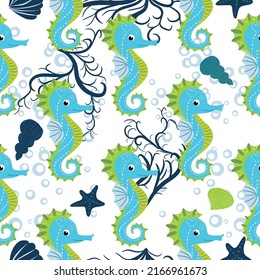 Cute seahorses cartoon seamless pattern. Hand drawn ocean animals. Nautical beach, Sea life fun underwater aquarium print.