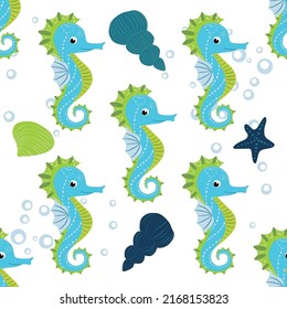 Cute seahorses cartoon seamless pattern. Hand drawn ocean animals. Nautical beach, Sea life fun underwater aquarium print.