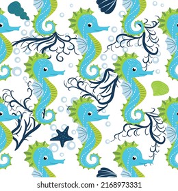 Cute seahorses cartoon seamless pattern. Hand drawn ocean animals. Nautical beach, Sea life fun underwater aquarium print.