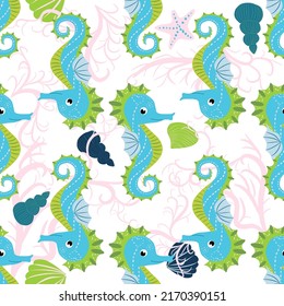 Cute seahorses cartoon seamless pattern. Hand drawn ocean animals. Nautical beach, Sea life fun underwater aquarium print.
