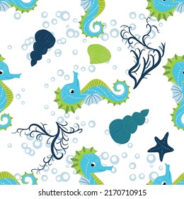 Cute seahorses cartoon seamless pattern. Hand drawn ocean animals. Nautical beach, Sea life fun underwater aquarium print.