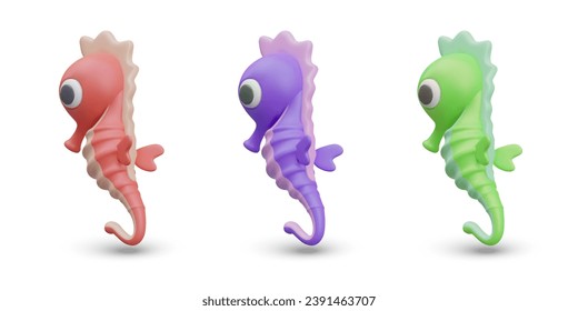 Cute seahorses in cartoon style. Set of purple, pink, green images. Sea creature, rear view. Concept for zoo, aquarium. Illustration for children site, game, application