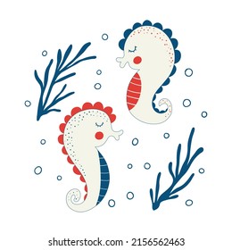 Cute seahorses isolated on white background. Simple underwater sea horses. Childish colored flat cartoon vector illustration of funny submarine creature.