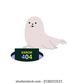 Cute Seal With 404 Error Sign In Flat Vector Illustration Symbolizing Website Error And Page Not Found, Isolated On White Background