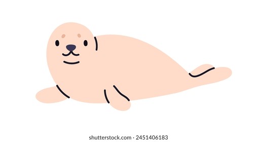 Lindo sello, adorable becerro de mar, perro acostado relajado. Divertido acuático, animal de agua del norte. Personaje de bebé encantador feliz disfrutando. Ilustración vectorial plana del zoo de los niños aislada en fondo blanco