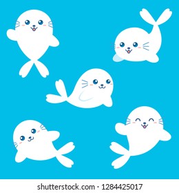 Cute Seal animal Cartoon set, sea lions.
Illustration of aquarium isolated on a white background.