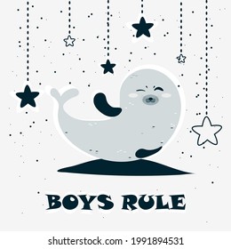 Cute seal, an animal character in blue tones. Poster for the boy's nursery. Vector illustration
