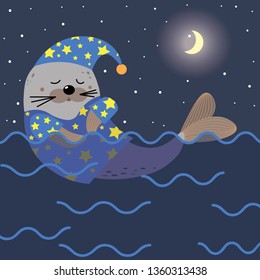 Cute seal animal is sleeping cartoon character