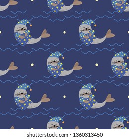 Cute seal animal is sleeping cartoon character seamless pattern