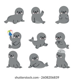 Cute Seal animals cartoon set doodle