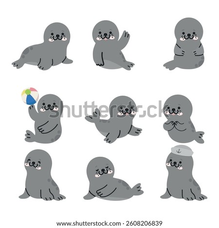 Cute Seal animals cartoon set doodle