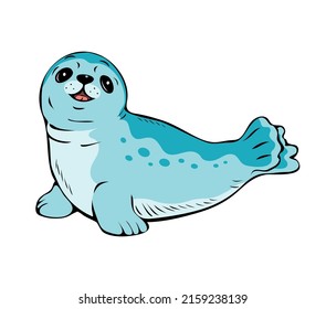 Cute Seal. Arctic Marine Mammal. Friendly Waterfowl. Vector Cartoon Art Illustration Isolated On White Background. Hand Drawn Outline Style