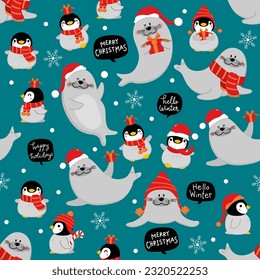 Cute seal and baby penguin in winter costume seamless pattern. Wildlife animal in Christmas holidays outfit background and wallpaper. -Vector