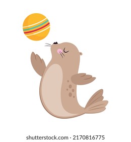 Cute Seal with Beige Fur and Fins Playing Ball Vector Illustration