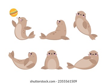 Cute Seal with Beige Fur and Fins Swimming and Playing Ball Vector Set