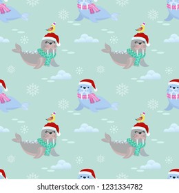 Cute seal with Christmas hat seamless pattern 
