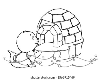 Cute seal, contour drawing. Cute seal, from the ocean looking at the ice house. Vector image, on white background.