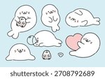 Cute Seal doodle vector set. Hand drawn Cartoon kawaii style. Soft colors vector illustration.