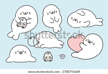 Cute Seal doodle vector set. Hand drawn Cartoon kawaii style. Soft colors vector illustration.