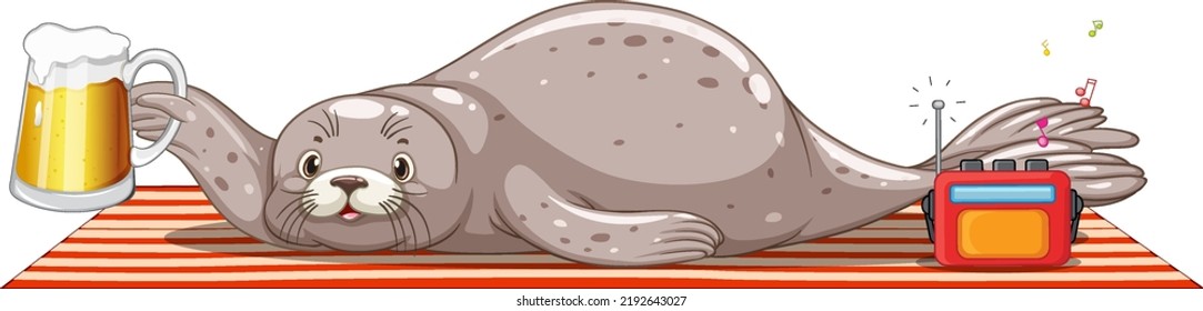 Cute seal drinking beer listening on radio illustration