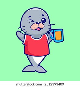 Cute Seal Drinking Juice Cartoon Vector Icon Illustration. Animal Drink Icon Concept Isolated Premium Vector. Flat Cartoon Style
