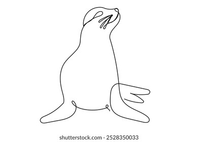 Cute Seal Marine Animal Line Art Drawn Portrait. Funny Adorable Seal Animal Continuous Editable Line Curve Illustration Isolated On White Background. Seal Animal Symbol Contour For Veterinary Card