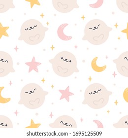 Cute seal with moon an stars seamless background repeating pattern, wallpaper background, cute seamless pattern background