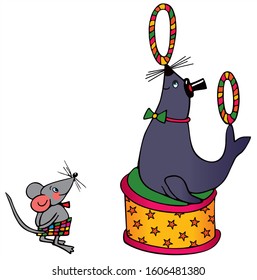 Cute seal and a mouse in a circus performance. Colored vector for card or gift. 