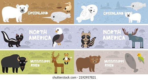 Cute seal parrot polar bear narwhal bison skunk gannet fox, eagle, deer elk, kids background North America animals Greenland Mississippi River brown beige green violet horizontal card banner. Vector