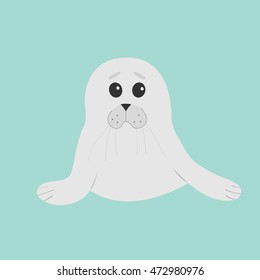 Cute seal pup baby harp. Cartoon character. Blue background. Flat design Vector illustration