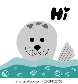 Cute seal say hi vector illustration.