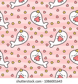 Cute seal seamless pattern with star dot and heart, cartoon fish background
