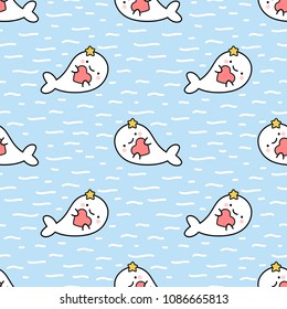 Cute seal seamless pattern with star dot and heart, cartoon fish background