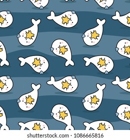 Cute seal seamless pattern with star dot and heart, cartoon fish background
