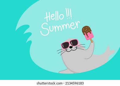 Cute seal in summer holidays. Happy animal wildlife with sunglasses and ice-cream. Cartoon character in vacation. -Vector