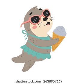 Cute seal in sunglasses and In bathing suit with ice cream. Flat vector illustration in simple child style isolated on white background