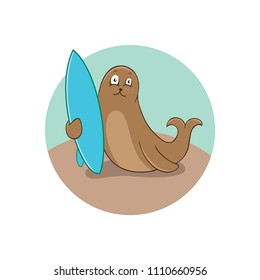 cute seal surfer cartoon illustration on the beach drawing