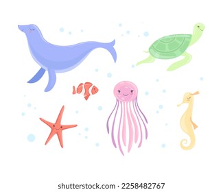 Cute Seal, Turtle, Jellyfish, Starfish and Seahorse as Sea Animal Floating Underwater Vector Set