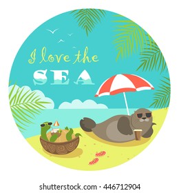 Cute seal and turtle sunbathing under umbrella