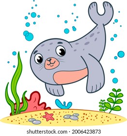 Cute Seal underwater cartoon. Seal clipart vector illustration