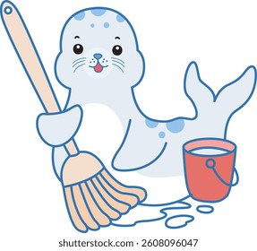 Cute Seal vector icon. Funny baby Seal animal series stock illustration. Life of fluffy Seal designs.
baby seal clear the floor with mop and bucket

