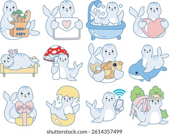 Cute Seal vector icon. Funny baby Seal animal series stock illustration. Life of fluffy Seal designs.
baby seal in the variation of activities