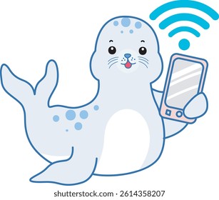 Cute Seal vector icon. Funny baby Seal animal series stock illustration. Life of fluffy Seal designs.
baby seal bring a phone
